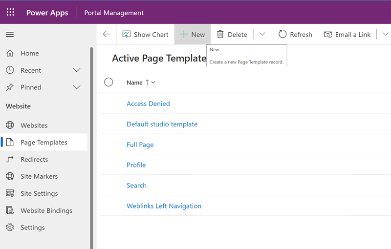 A opção de menu + Novo na página Modelos de Página Ativos no aplicativo Gerenciamento do Portal.