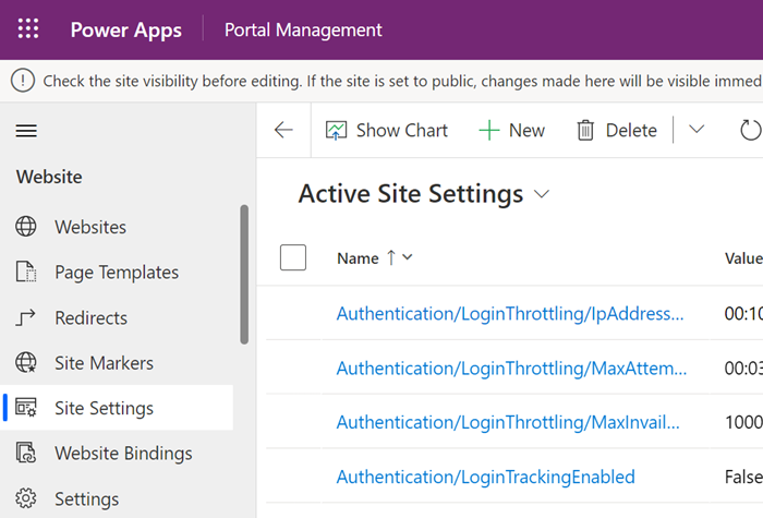 Abra configurações de site no aplicativo de Gerenciamento de Portal.