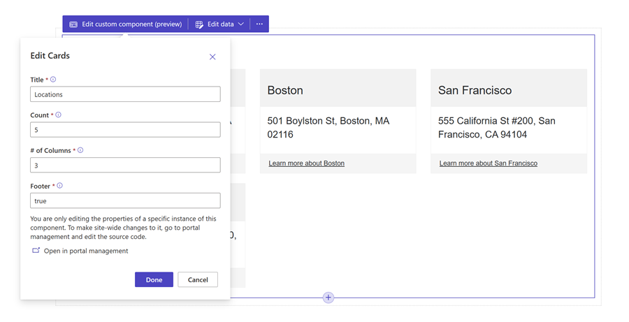 Componente do modelo da Web como um cartão de local.