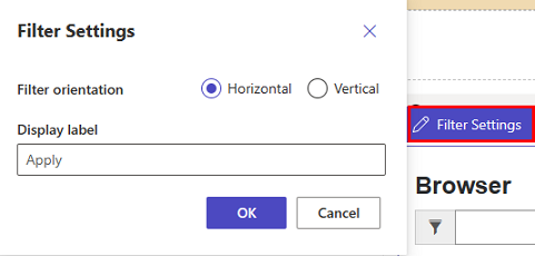 As opções do menu de configurações de filtro dentro do estúdio de design com o botão de orientação de filtro vertical selecionado.