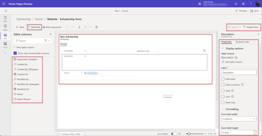 Configure o formulário do Dataverse.