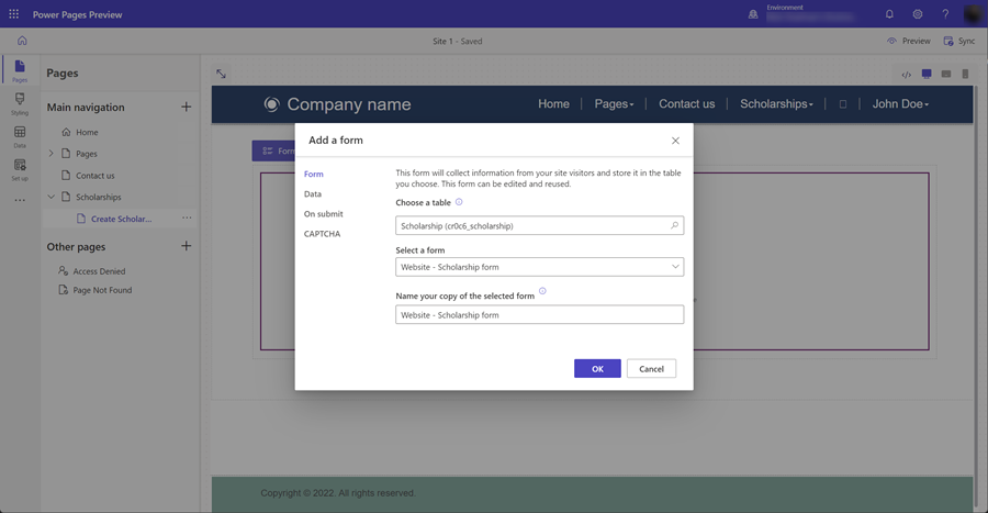 Configure as propriedades do componente de formulário.