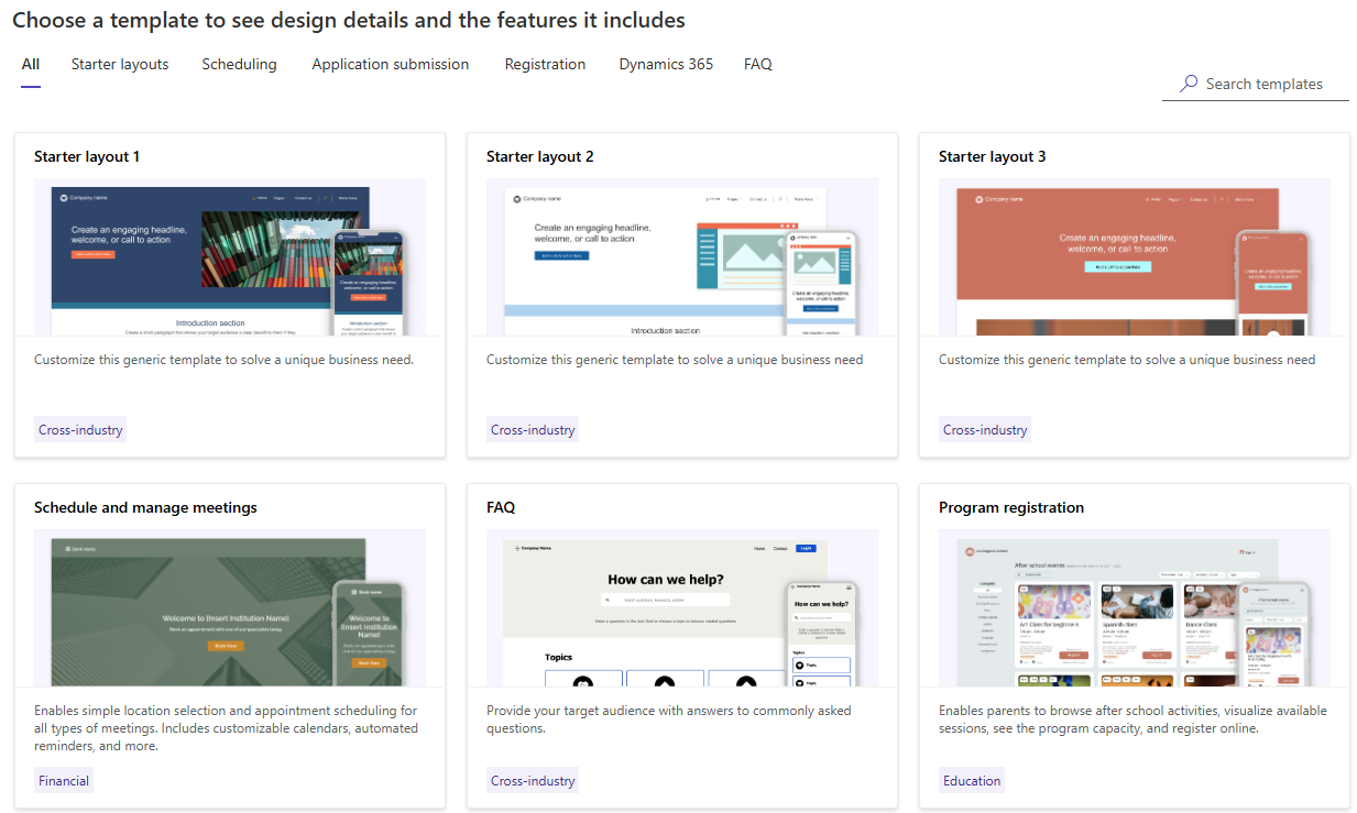 Seleção de modelos ao criar um novo site.