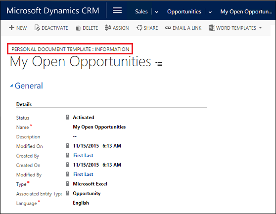 Um modelo do Excel carregado em uma lista de registros.