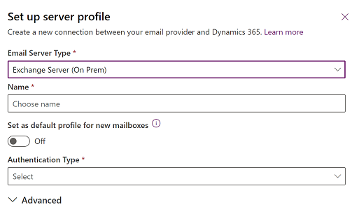 Captura de tela de seleção do perfil do servidor do Exchange Server (local)