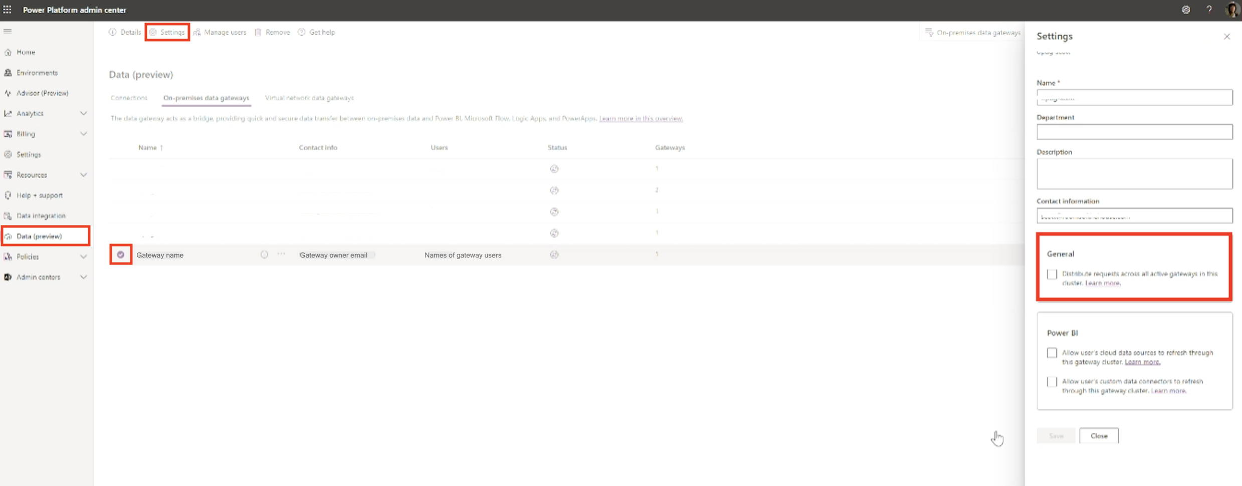 Selecione um gateway e acesse o painel Configurações para garantir que o balanceamento de carga aleatório esteja desativado.