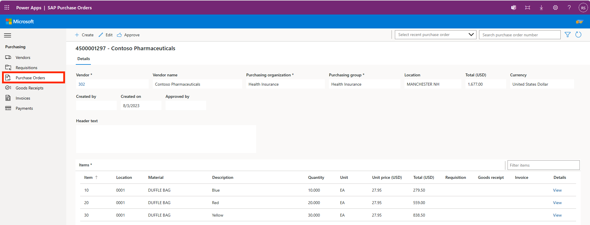 Imagem do aplicativo de ordem de compra do Power Platform Procurement.