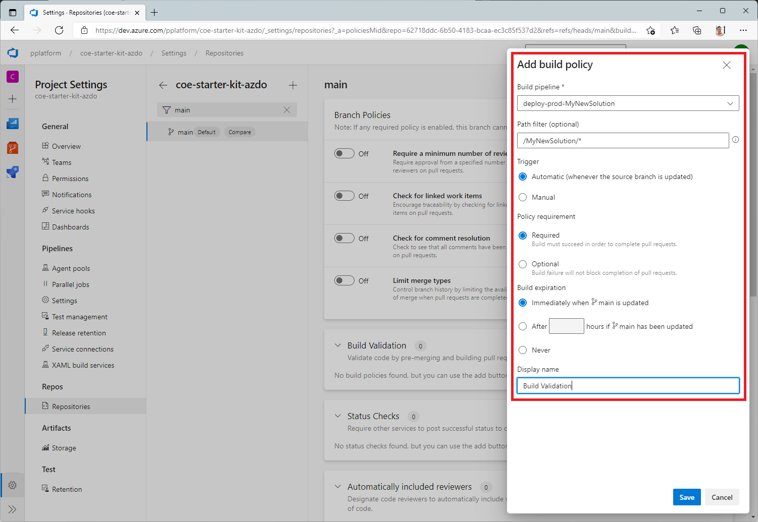 Captura de tela da seleção de configurações para uma política de compilação de validação.