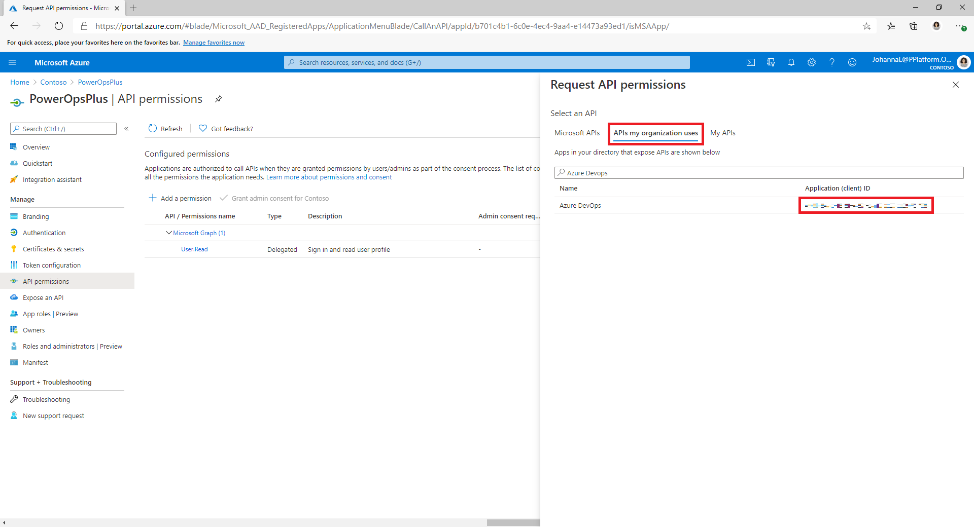 Captura de tela da janela Solicitar permissões de API, com a guia APIs que minha organização usa e a ID do Aplicativo (cliente) realçada.