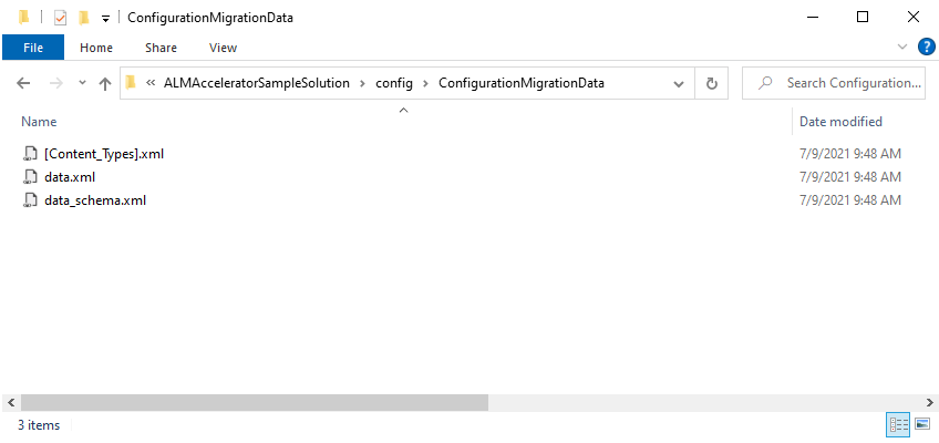 Captura de tela de dados de migração da configuração descompactados no diretório ConfigurationMigrationData.