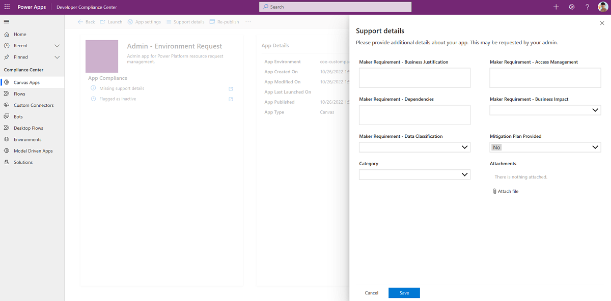 Detalhes do aplicativo Developer Compliance Center