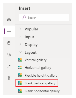 Inserir um controle de galeria com um layout vertical em branco.