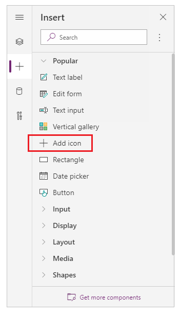 Usando o painel de ferramentas Inserir para adicionar um controle de ícone.