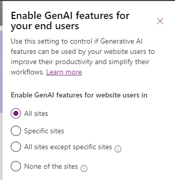 Protótipo do controle de governança que permite aos administradores bloquear recursos de IA generativa em sites do Pages.