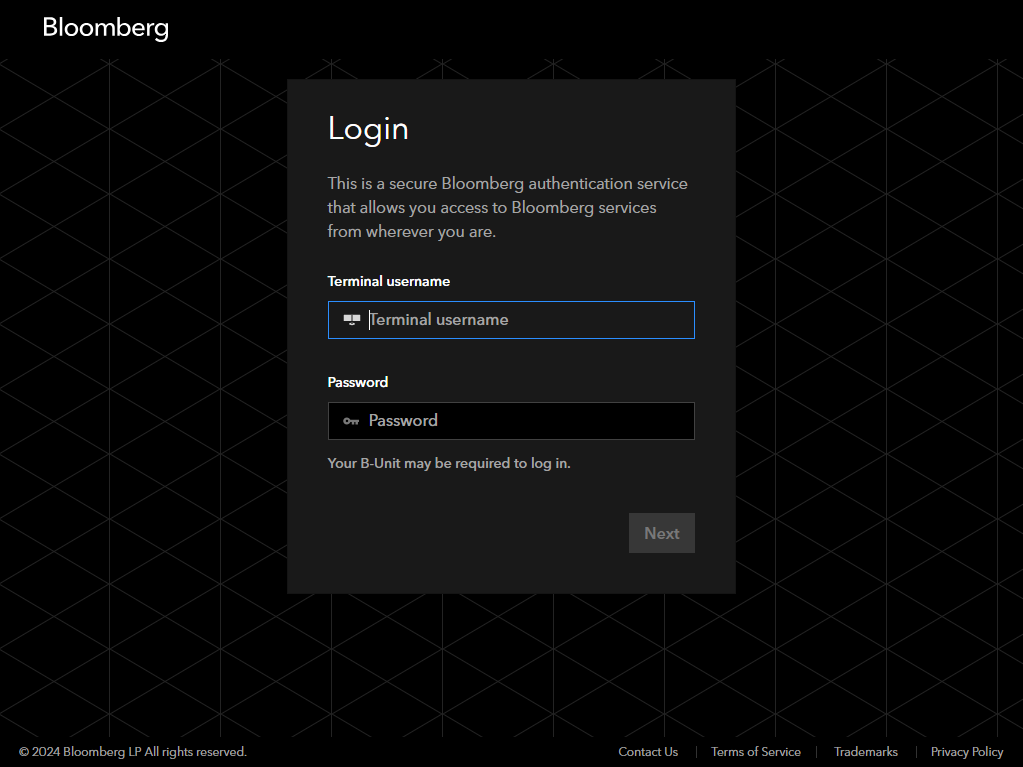 Captura de tela que mostra como fazer login na Bloomberg.