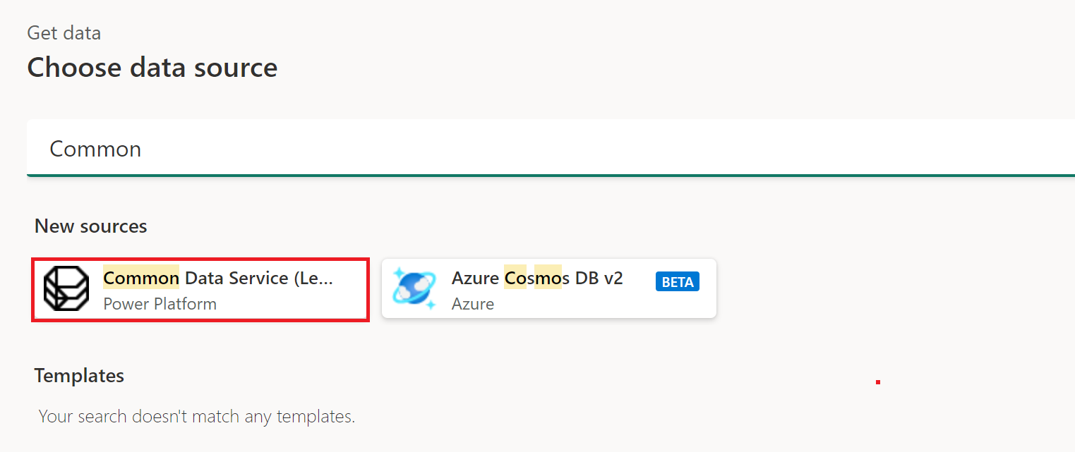 Captura de tela da janela obter dados escolher fonte de dados no Power Query Online.