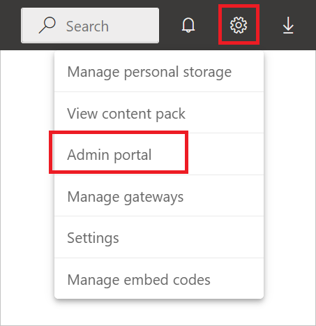 Captura de tela do menu de configuração aberto, com o Portal de administração enfatizado.