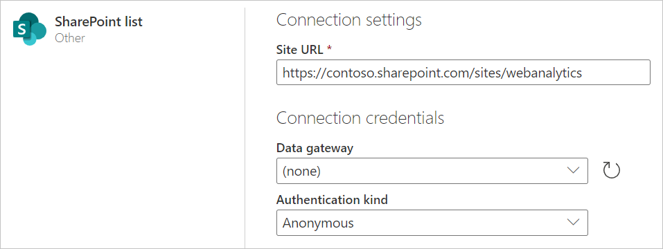 Imagem da página da lista online do SharePoint com as informações de URL do site preenchidas.