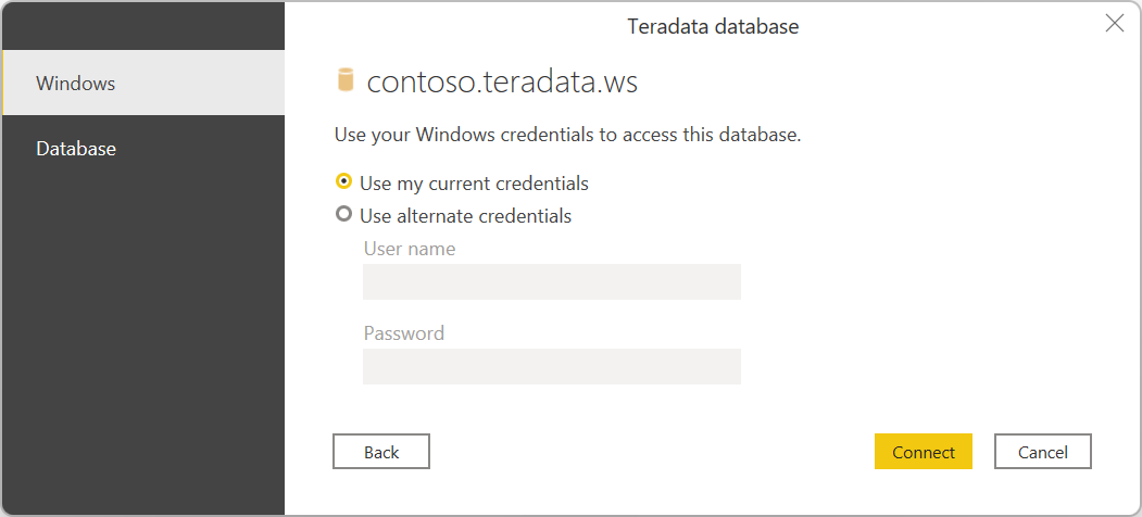 Insira as credenciais do banco de dados Teradata.