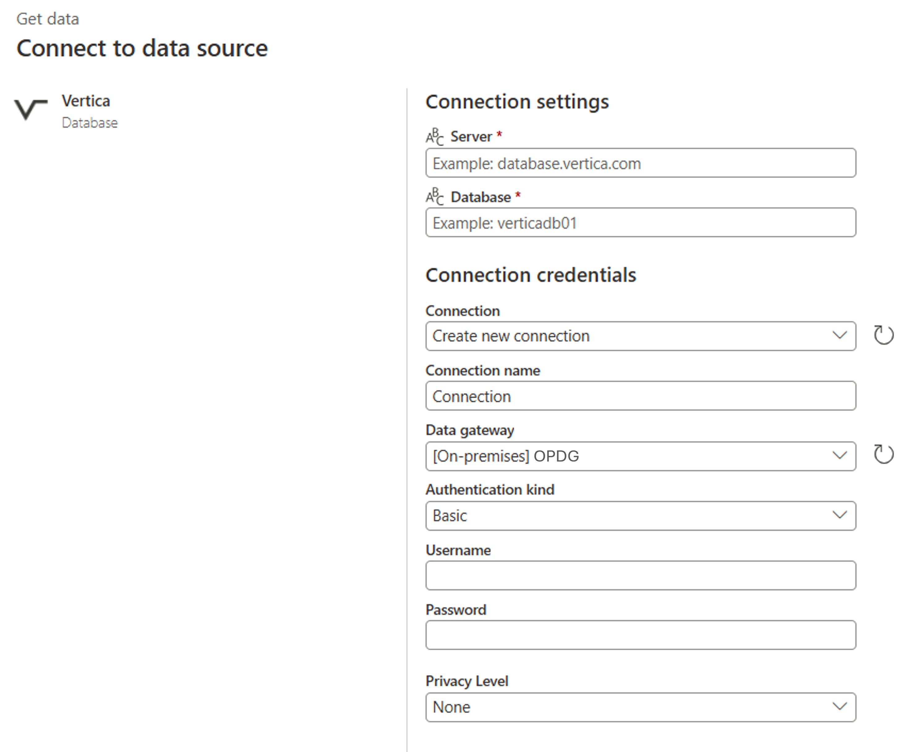 Enter the Vertica database online connection.