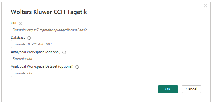 Captura de tela da caixa de diálogo de parâmetros do conector Wolters Kluwer CCH Tagetik.