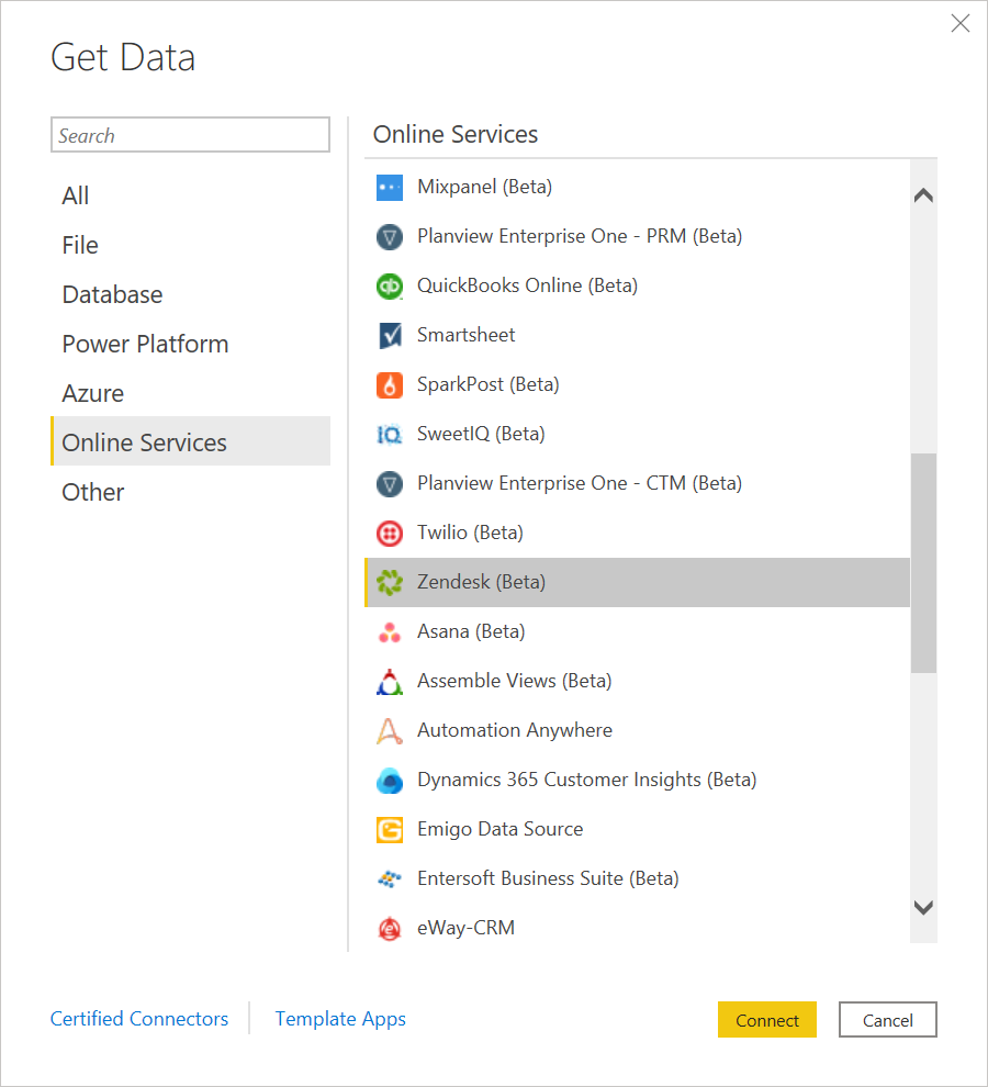 Imagem com a categoria Online Services e o conector Zendesk em destaque.