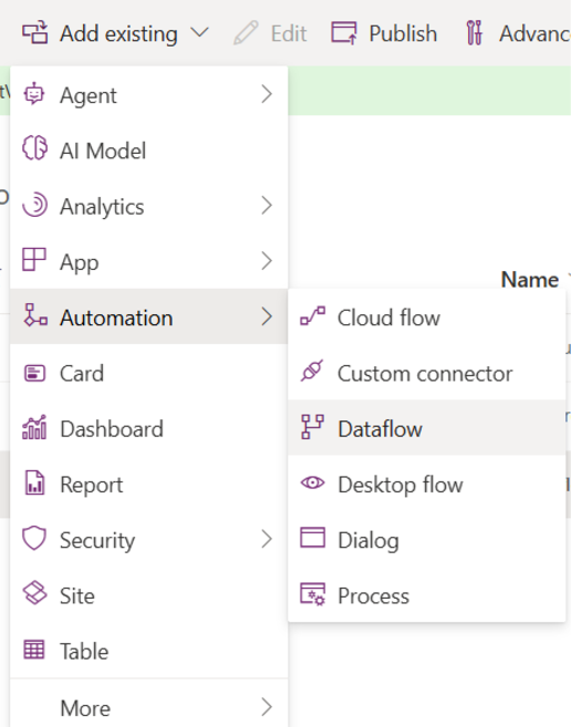 Captura de tela da opção de fluxo de dados de automação para selecionar no menu de opções adicionar existente.