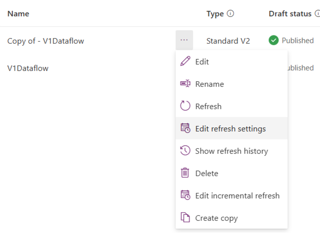 Captura de tela do menu de reticências de fluxo de dados v2 publicado com Editar configurações de atualização enfatizadas.