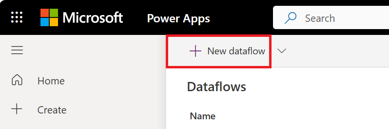 Captura de tela da interface do usuário do Power Apps mostrando a opção Novo fluxo de dados para criar um fluxo de dados padrão.