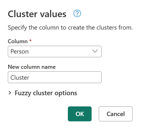 Captura de tela da janela de valores de cluster com a coluna Pessoa selecionada e a nova coluna denominada Cluster.