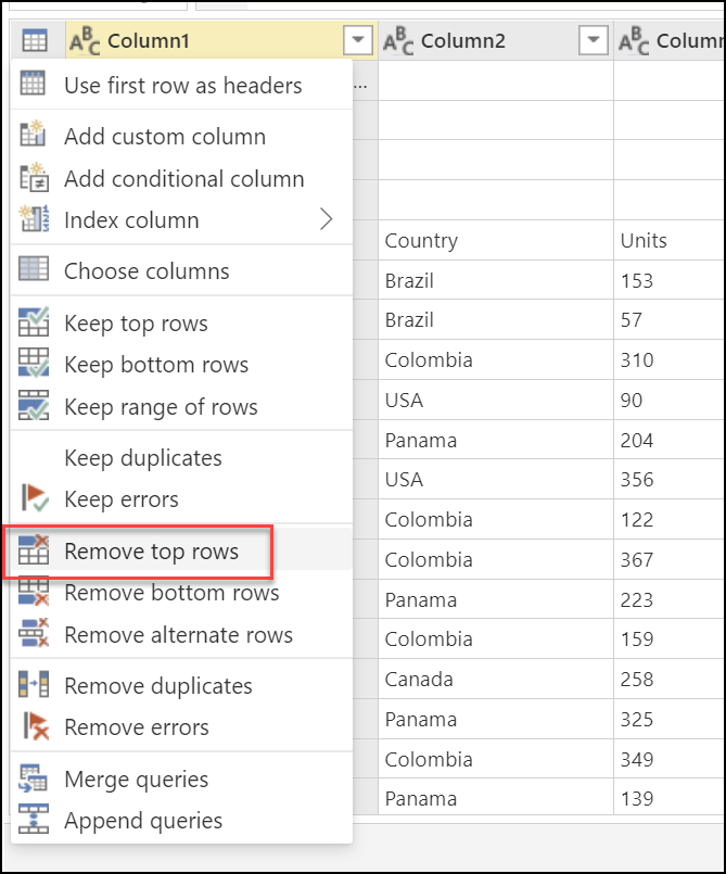 Captura de tela do ícone do menu de tabela com Remover linhas superiores enfatizadas.