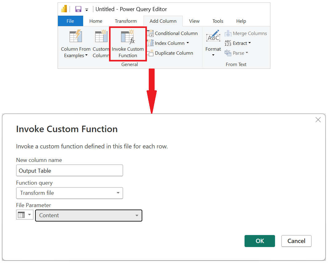 Captura de tela com o botão Invocar Função Personalizada enfatizado com as configurações no conjunto de diálogo Invocar Função Personalizada.