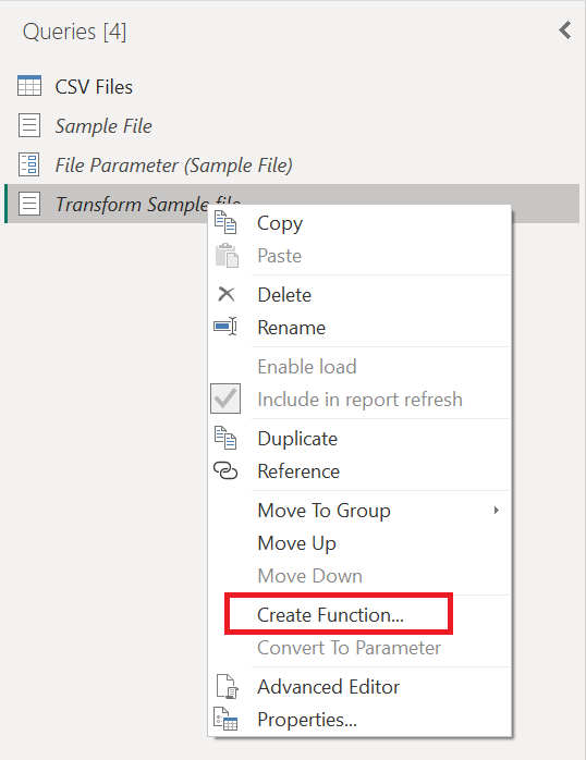 Captura de tela da opção Criar função usada para a consulta Transformar arquivo de exemplo.