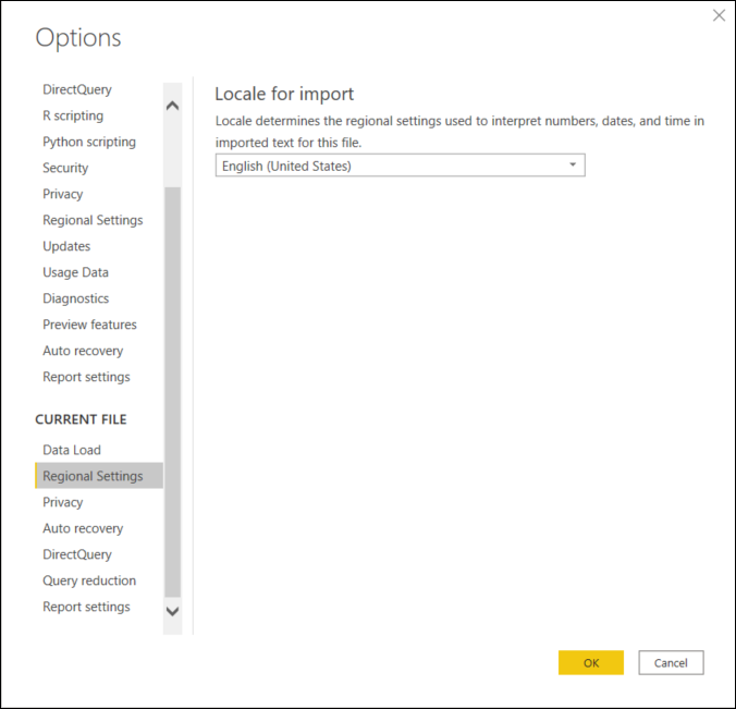 Configuração de localidade no Power Query for Desktop.