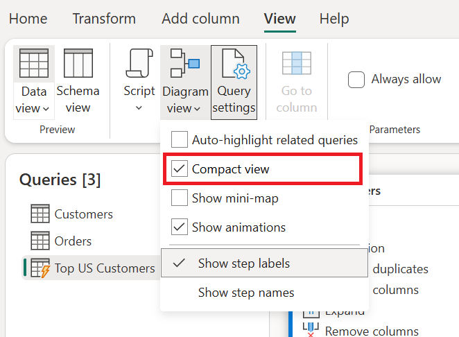 Configurações da exibição de diagrama com a seleção da exibição compacta em uma caixa vermelha.