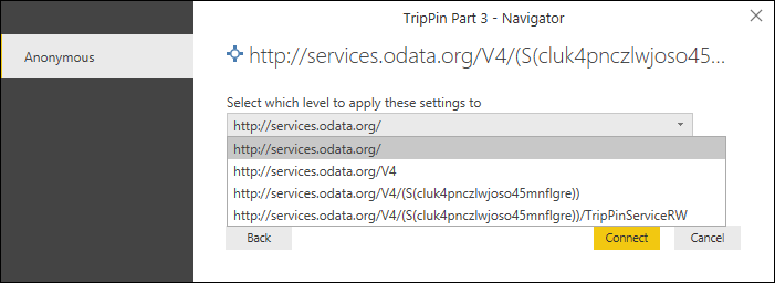 Captura de tela da caixa de diálogo de credenciais mostrando o caminho de configuração ao qual as credenciais se aplicam.