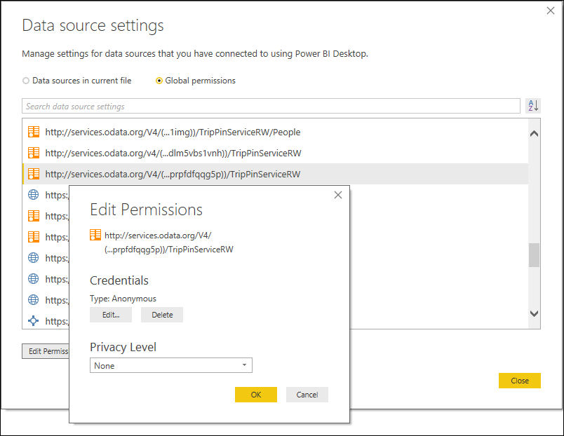 Captura de tela das configurações de credenciais da fonte de dados.