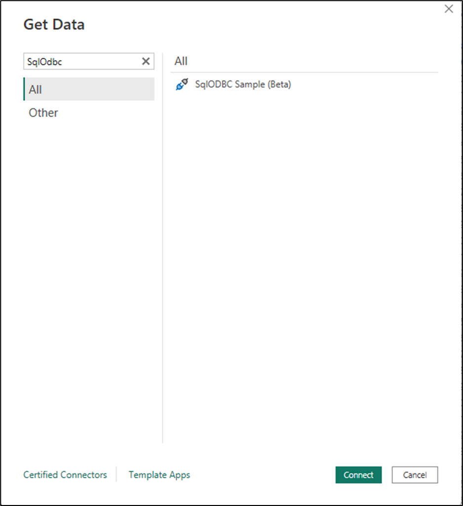 Screenshot of the connector found inside the get data experience of Power BI Desktop.