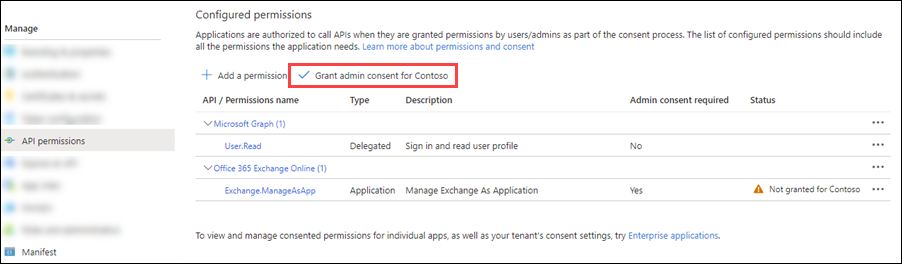 Consentimento do administrador necessário, mas não concedido para permissões do Exchange.ManageAsApp.