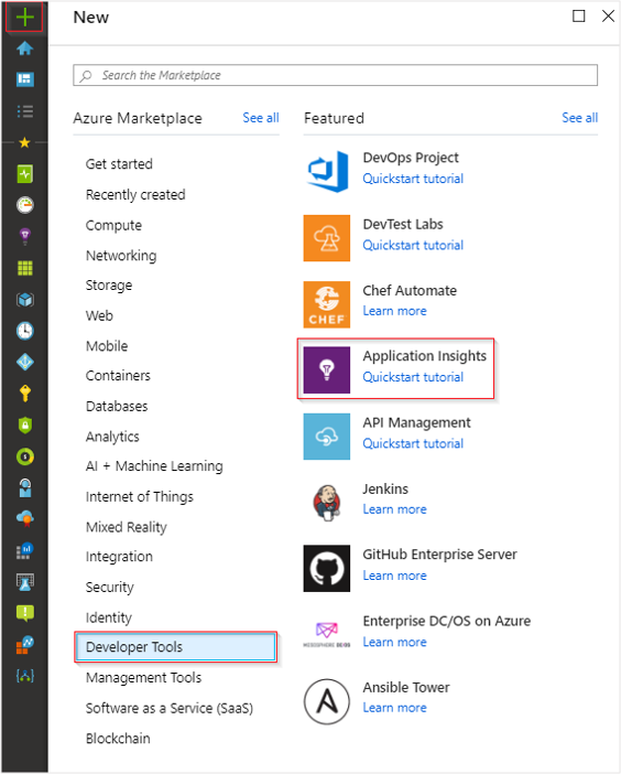 Captura de tela que mostra a seleção do sinal + no canto superior esquerdo, Ferramentas para Desenvolvedores e Application Insights.