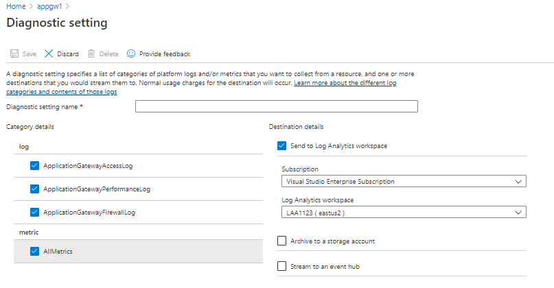 Captura de tela que mostra a página para definir as configurações de diagnóstico.