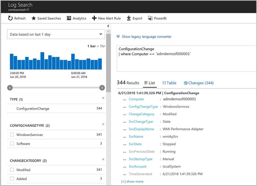 Captura de tela que mostra o evento ConfigurationChange.