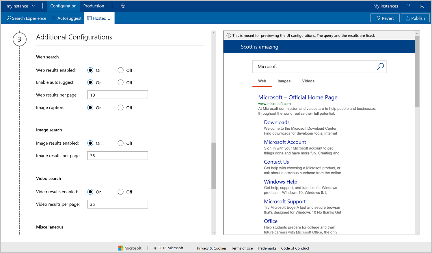 Captura de tela da etapa de configurações adicionais da UI hospedada