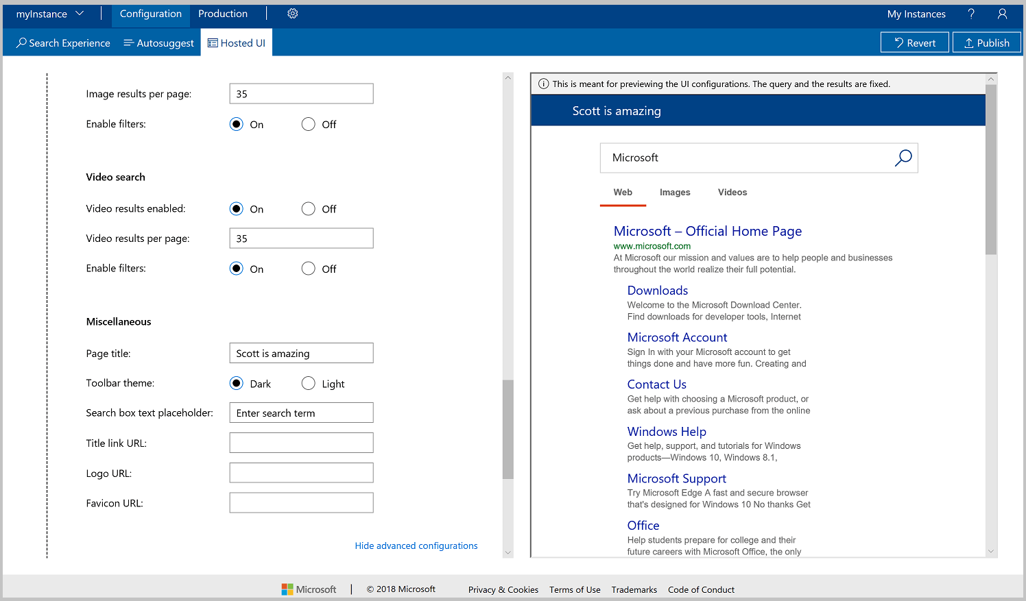 Captura de tela da etapa de configurações avançadas da UI hospedada