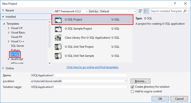 novo projeto de U-SQL do Visual Studio