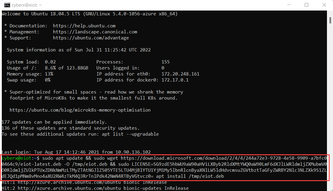 Captura de tela da execução do comando para instalar o software de monitoramento do sensor de Enterprise IoT.