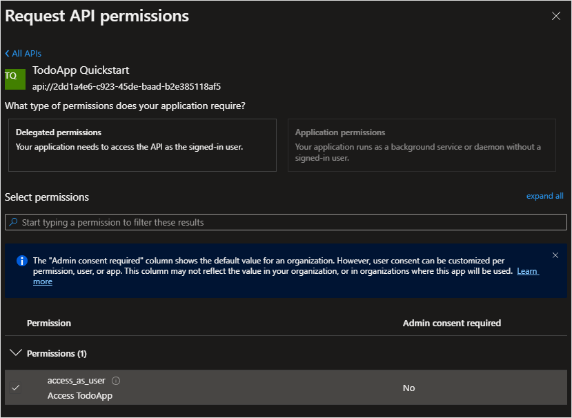 Captura de tela do registro de escopo no portal do Azure.