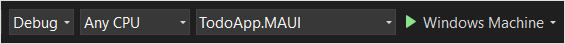 Captura de tela mostrando como definir a configuração de execução de um maui dot net para o aplicativo do Windows.