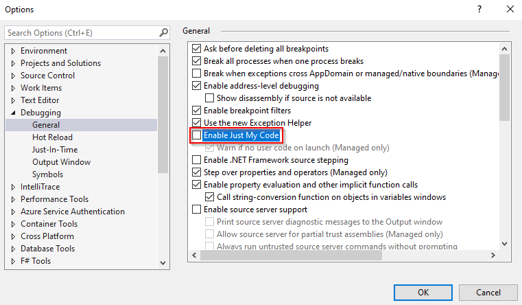 Enable just my code - enable 3rd party source code debugging