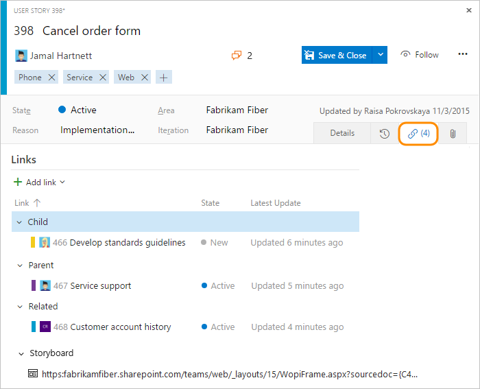 Agile process, User Story work item form, Links control tab